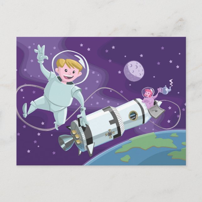 Carte Postale space walk couple astronaute (Devant)