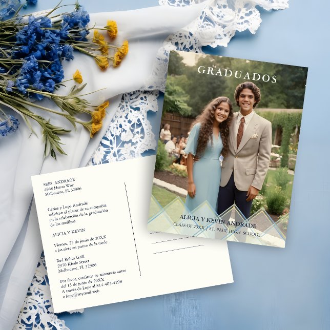 Carte Postale Spanish Blue Shades Overlay Vellum Shapes Photo (Spanish Blue Shades Overlay Transparency Shapes Photo Graduates Postcard Invitation.)