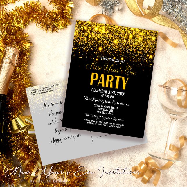 Carte Postale Sparkle Gold Black Nouvel An`s Eve Party Invitatio (Créateur téléchargé)