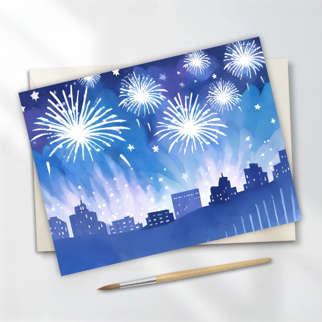 Carte Postale Spectacle de feu d'artifice bleu | Aquarelle de fe (Créateur téléchargé)