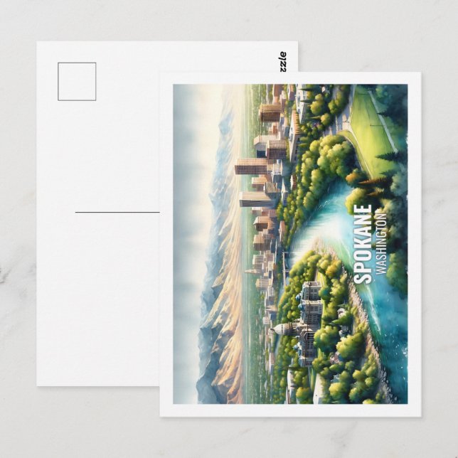 Carte Postale Spokane Washington USA Famous Place aquarelle (Devant / Derrière)
