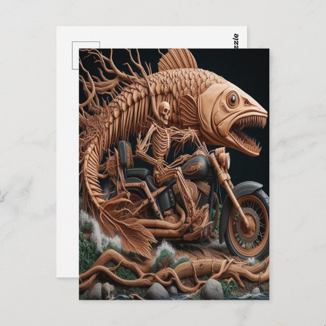 Carte Postale squelette a roulé son vélo à hélico sur la piste (Devant / Derrière)