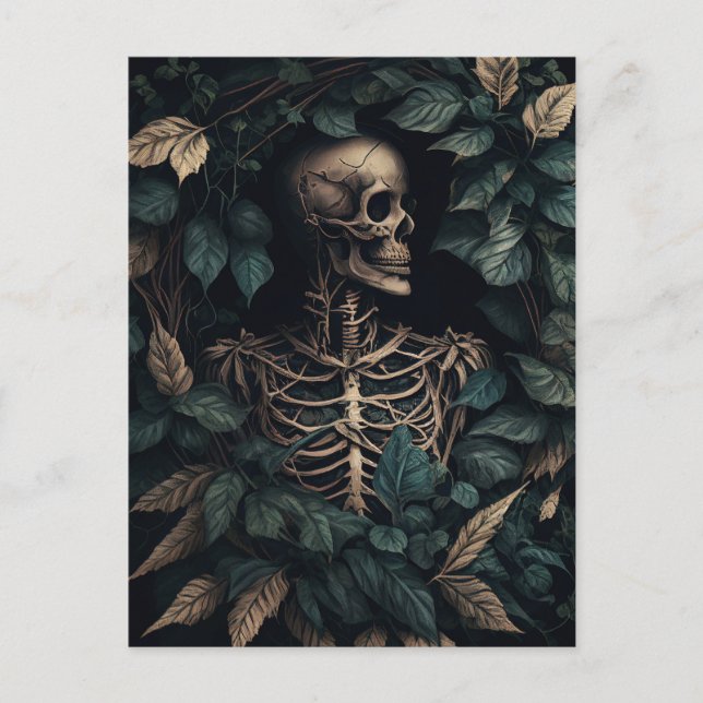 Carte Postale Squelette dans les feuilles vertes (Devant)
