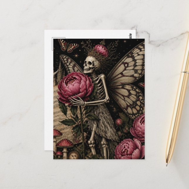 Carte Postale Squelette de fée et fleurs de pivoine (Devant/Arrière en situation)