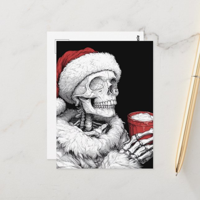 Carte Postale Squelette de Père Noël avec un chocolat chaud (Devant/Arrière en situation)