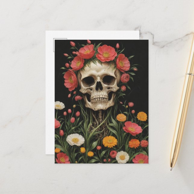 Carte Postale Squelette humain en fleurs (Devant/Arrière en situation)