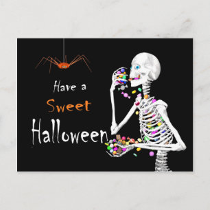 Carte Postale Squelette mangeant des bonbons d'Halloween (avec a