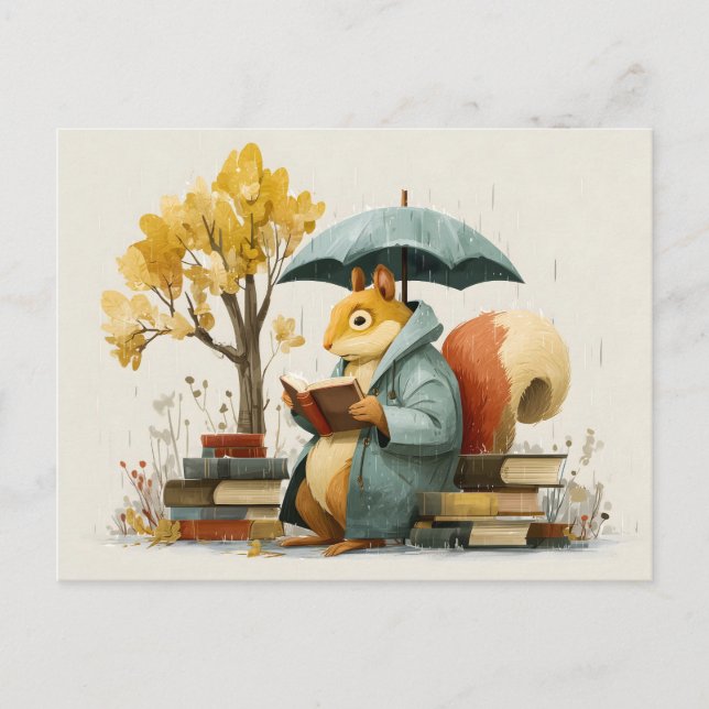 Carte Postale Squirrel Reading Books Under an Umbrella  (Devant)