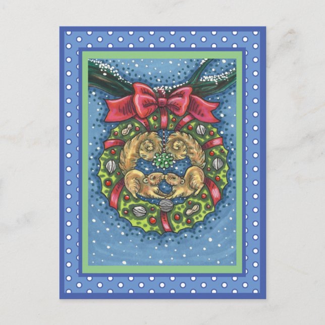 CARTE POSTALE SQUIRRELS DE BATTERIE SOUS MISTLETOE, VARIE NUT (Devant)