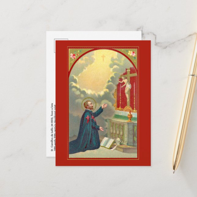 Carte Postale St. Camillus priant devant un crucifix (M 020) (Devant/Arrière en situation)