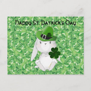 Carte Postale St Patrick' Day avec Bunny irlandais, bg shamrock