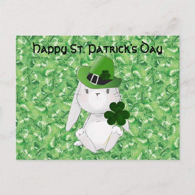 Carte Postale St Patrick' Day avec Bunny irlandais, bg shamrock (Devant)