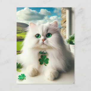 Carte Postale St. Patricks Day Chat Fluffy Blanc Chat Yeux verts