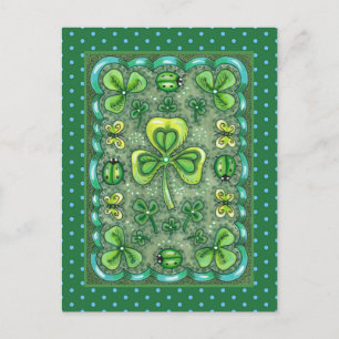 CARTE POSTALE ST. PATRICK'S DAY FOLK ART SHAMROCKS N'LADYBUGS