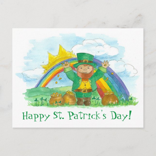 Carte Postale St. Patrick's Day Leprechaun Arc-en-ciel Pot d'or (Devant)