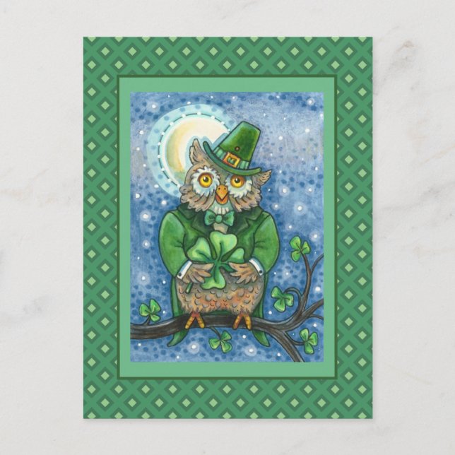CARTE POSTALE ST. PATRICK'S DAY OWL, 4 HORLOGE LEPRECHAUN (Devant)