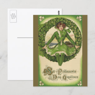 Carte Postale St. Patrick's Day vintage, Irish Lass in a Wreath