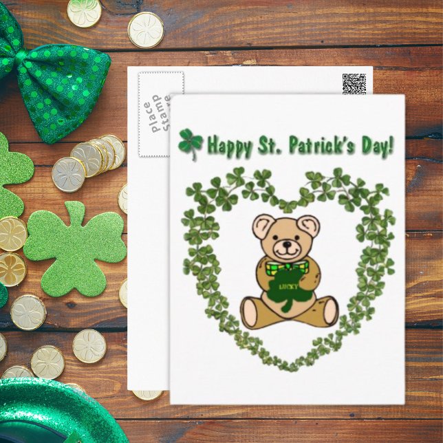 Carte postale St. Patrick's Teddy Bear in Clover H (St. Patrick's Teddy Bear in Clover Heart Postcard)