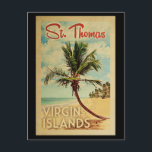 Carte Postale St Thomas Palm Tree Vintage voyage<br><div class="desc">Une gravure d'art moderne de St Thomas Virgin Islands,  rétro et unique au milieu du siècle,  dans un style d'affiche de voyage vintage. Il dispose d'un palmier incurvé sur une plage de sable avec l'océan sous un ciel bleu nuageux.</div>
