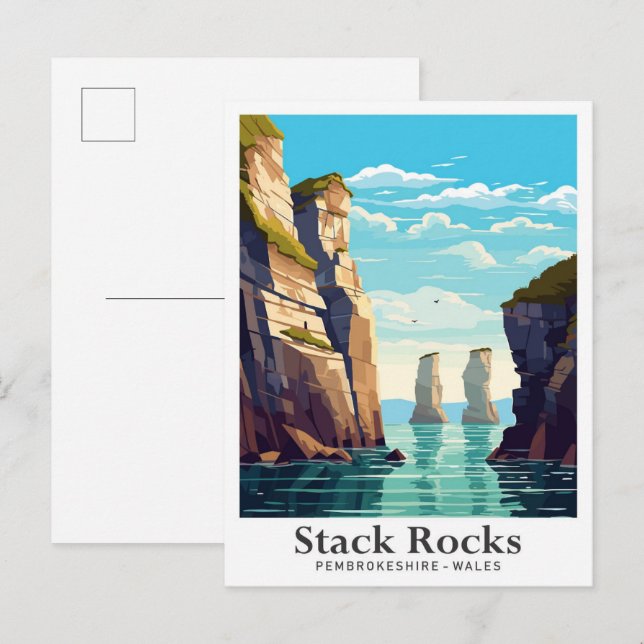 Carte Postale Stack Rocks Pembrokeshire Illustration de voyage (Devant / Derrière)