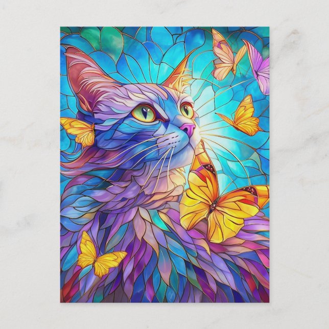 Carte Postale Stained Glass Cat 730 blue yellow butterflies (Devant)