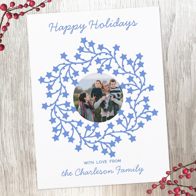 Carte postale Star Wreath Scandinave Holiday (Scandinavian star wreath garland personalized photo Christmas or holiday postcard)