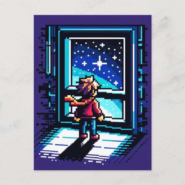 Carte Postale Stargazer à la fenêtre Dreamy Pixel Art Night Sky (Devant)