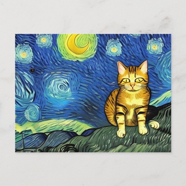 Carte Postale Starry Night Cute Vincent Van Gogh Chat (Devant)