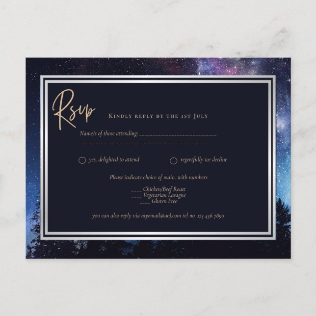 Carte Postale Starry Night Galaxy Mariage RSVP Marine Gold (Devant)