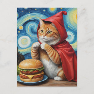 Carte Postale Starry Night Ginger Cat avec Cheeseburger