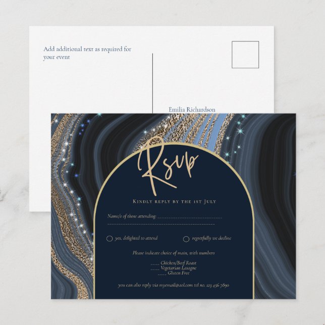 Carte Postale Starry Night Marine Gold Agate Mariage RSVP (Devant / Derrière)
