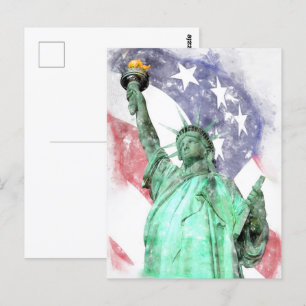 Carte Postale Statue de la Liberté closeup avec drapeau aquarell