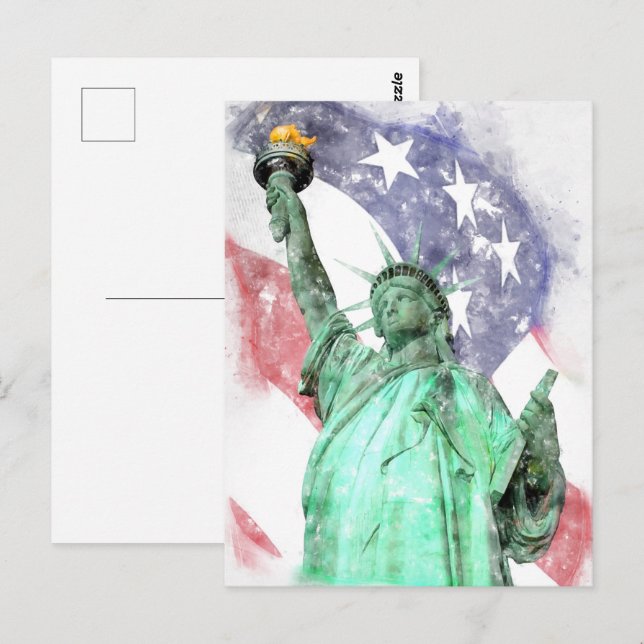 Carte Postale Statue de la Liberté closeup avec drapeau aquarell (Devant / Derrière)