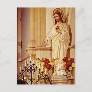Carte Postale Statue rouge du Christ avec la paume ouverte montr