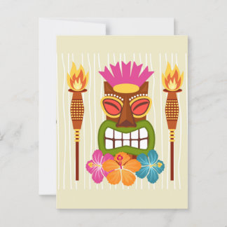Carte Postale Statue Tiki, Torches et Fleur Hibiscus