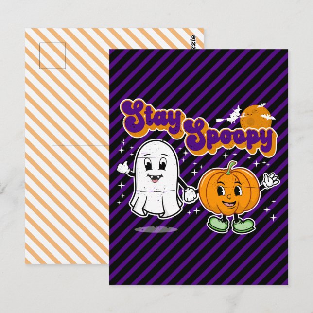 Carte Postale Stay Spoopy : mignon Halloween Ghost & Citrouille (Devant / Derrière)