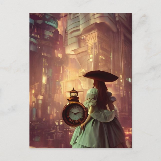 Carte Postale Steampunk Alice dans la ville du rétrofuturisme (Devant)
