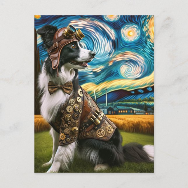 Carte Postale Steampunk Border Collie dans la nuit étoilée (Devant)