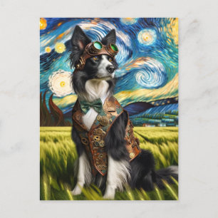 Carte Postale Steampunk Border Collie dans la nuit étoilée