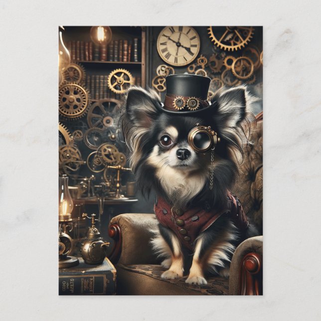 Carte Postale Steampunk Chihuahua, noir et blanc (Devant)