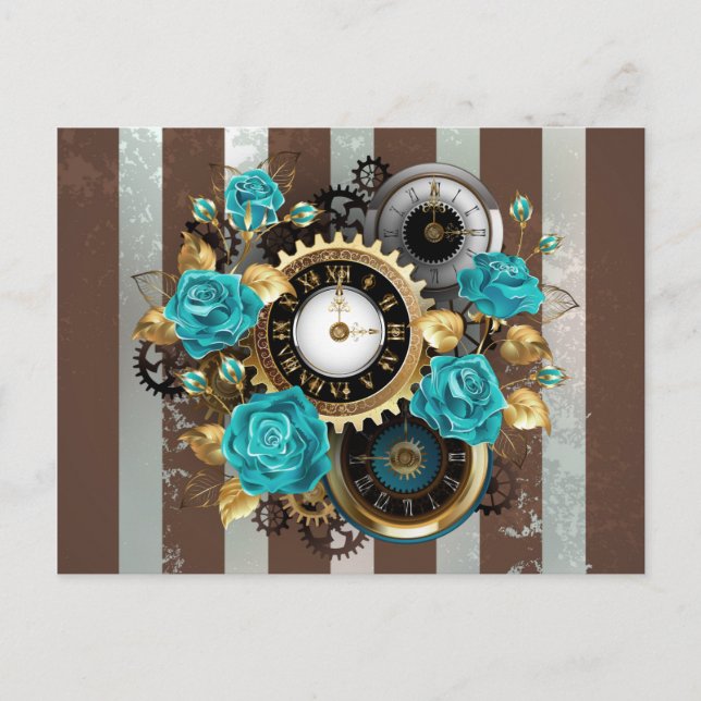 Carte Postale Steampunk Clock and Turquoise Roses on Striped (Devant)
