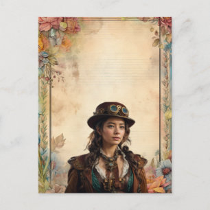 Carte Postale Steampunk Femme et Vintage Floral Stationnaire