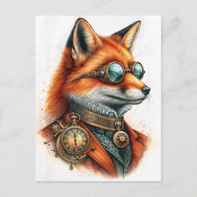 Carte Postale Steampunk Fox - Timekeeper Watercolor (Devant)