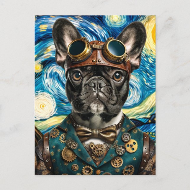 Carte Postale Steampunk Frenchie dans la Nuit Étoilée (Devant)