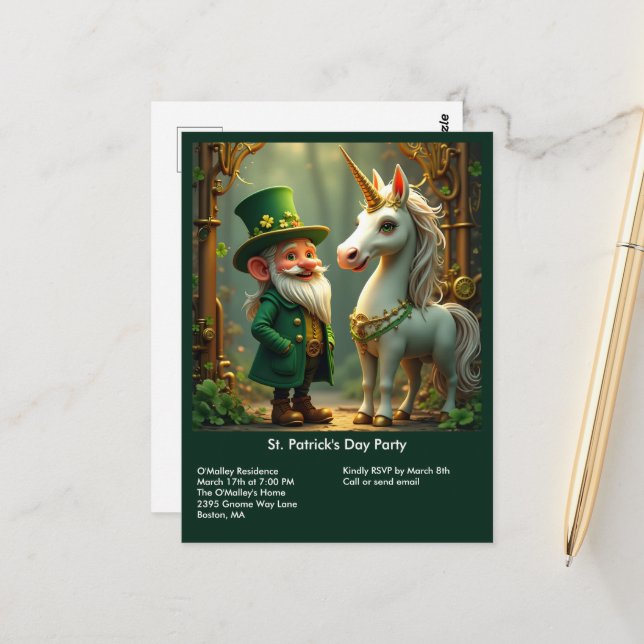Carte Postale Steampunk Gnome-Leprechaun Unicorn Jour de la Sain (Devant/Arrière en situation)