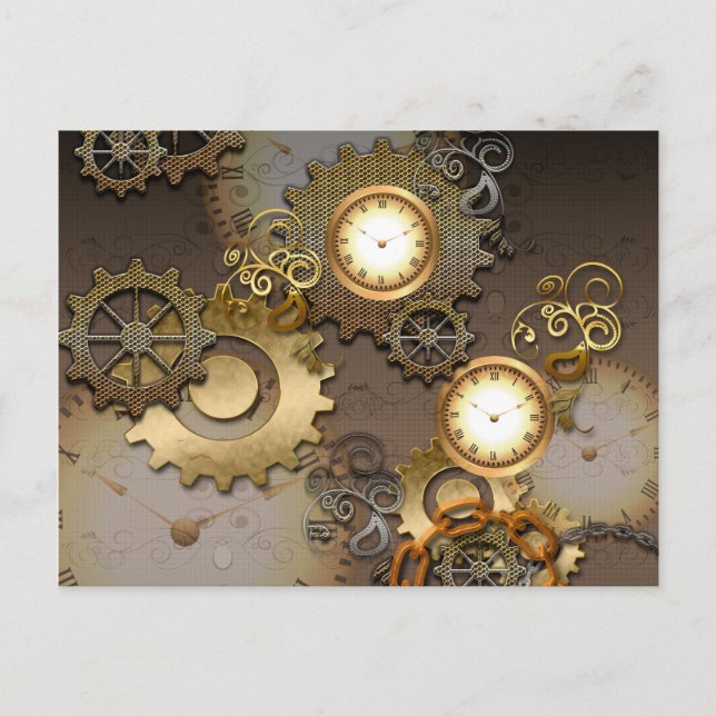 Carte Postale Steampunk, horloges et engrenages (Devant)