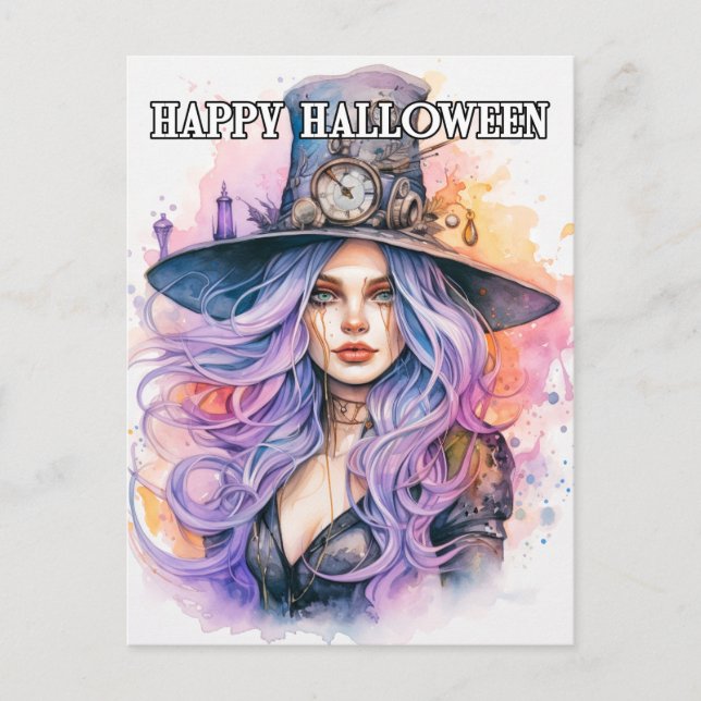 Carte Postale Steampunk Salem Sorcière Joyeux Halloween (Devant)