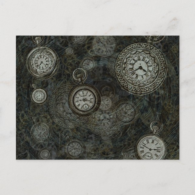 Carte Postale Steampunk time travel print, noir, argent montres (Devant)
