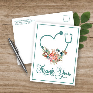 Carte Postale Stethoscope Floral moderne Coeur Infirmière Merci