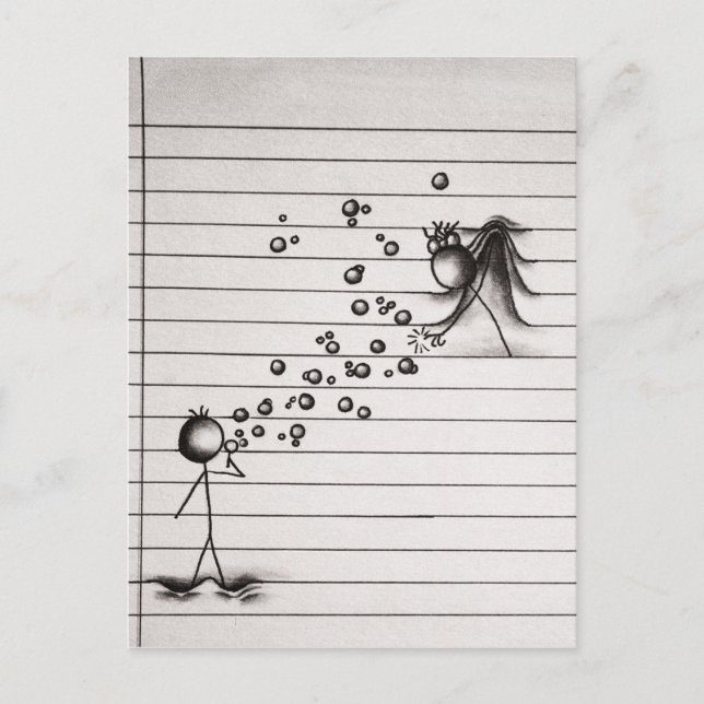 Carte Postale Stick Figure Cartoon garçon soufflant des bulles à (Devant)